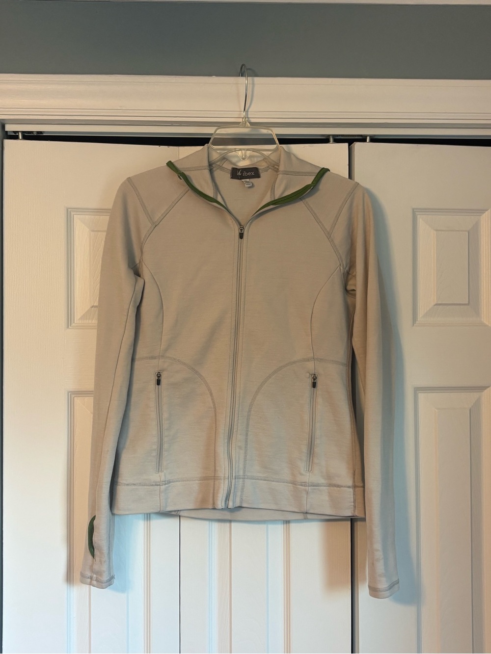 Ibex Neutral Beige Full-Zip Hoodie Jacket with Green Trim